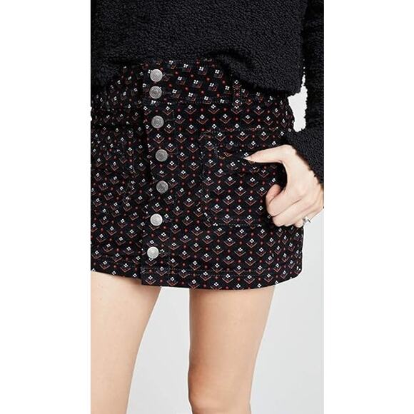 We the Free People Womens Skirt Sz 29 Black Print Joanie Corduroy Mini Buttons - Picture 1 of 12